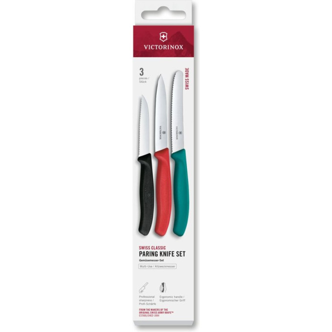 Набор ножей для очистки овощей VICTORINOX SWISS CLASSIC 3 ножа черн/крас/зел 6.7116.34C1